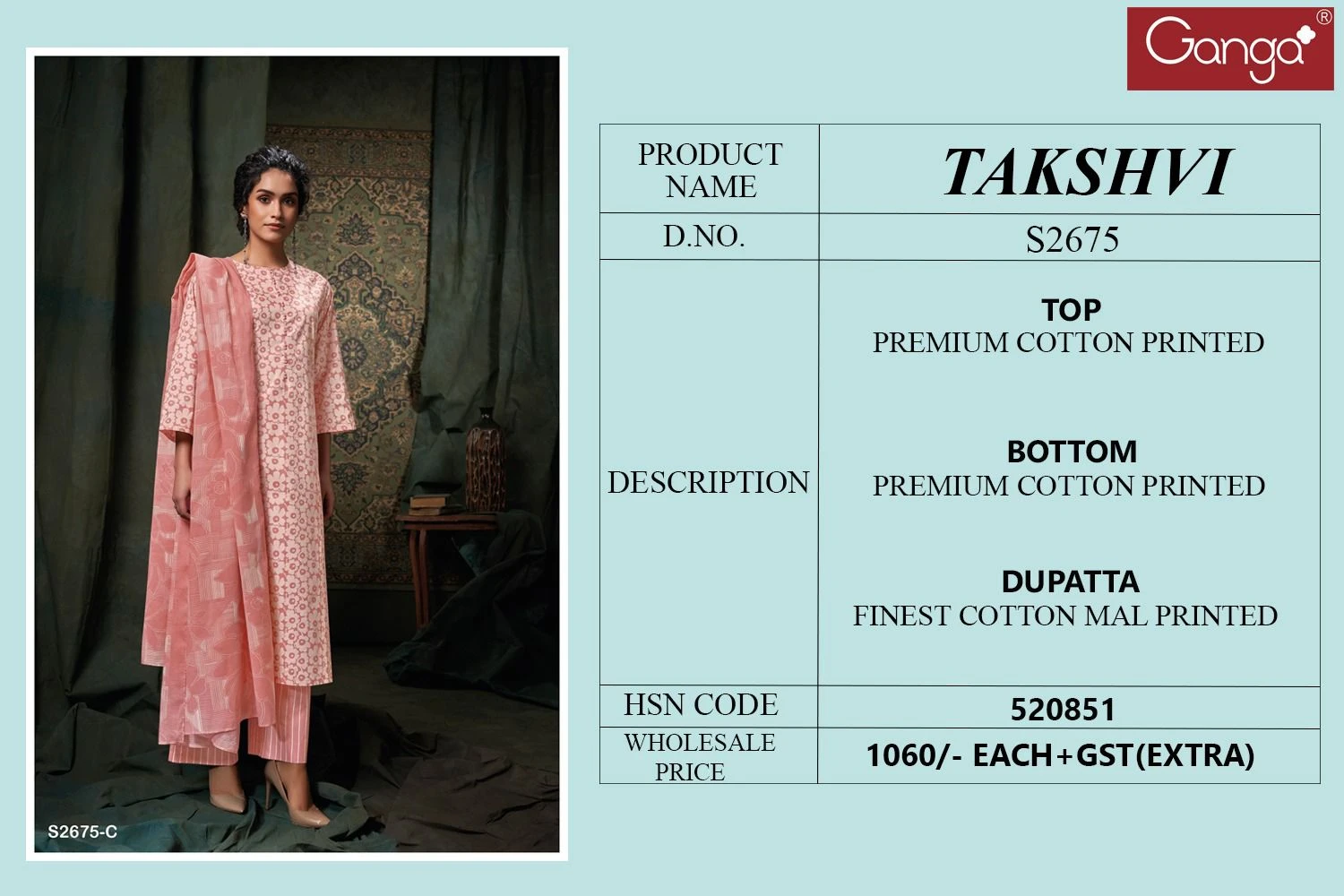 Ganga Takshvi 2675 Premium Cotton Printed Wholesale Fancy Salwar Suit Catalog — Wholesale Salwar Suits, Ganga wholesale from Surat - Gallery Image 3